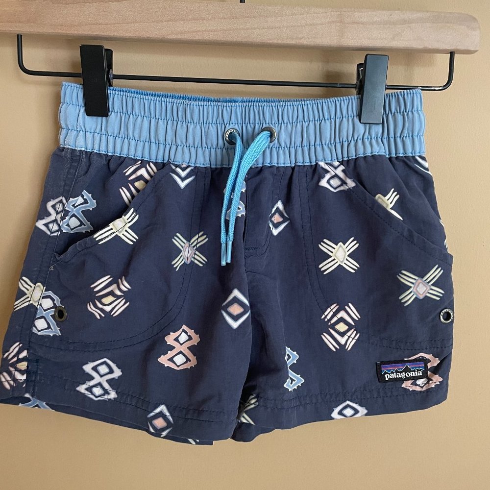 PATAGONIA Girl's Blue Printed Baggies Swim Trunks, Board Shorts, Size Small